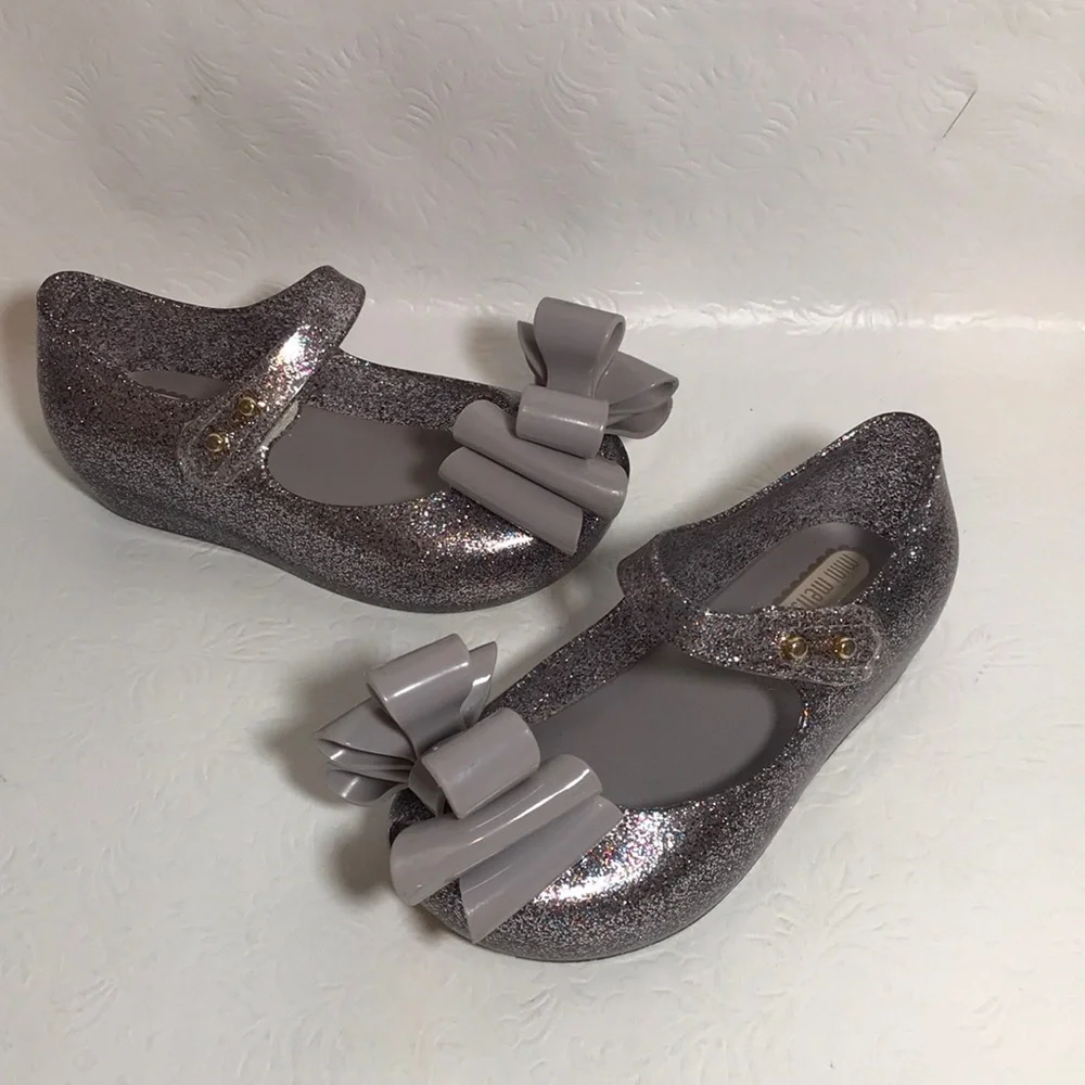 Mini Melissa Ultragirl Glittery Triple Bow Silver Jelly Shoes Size 7